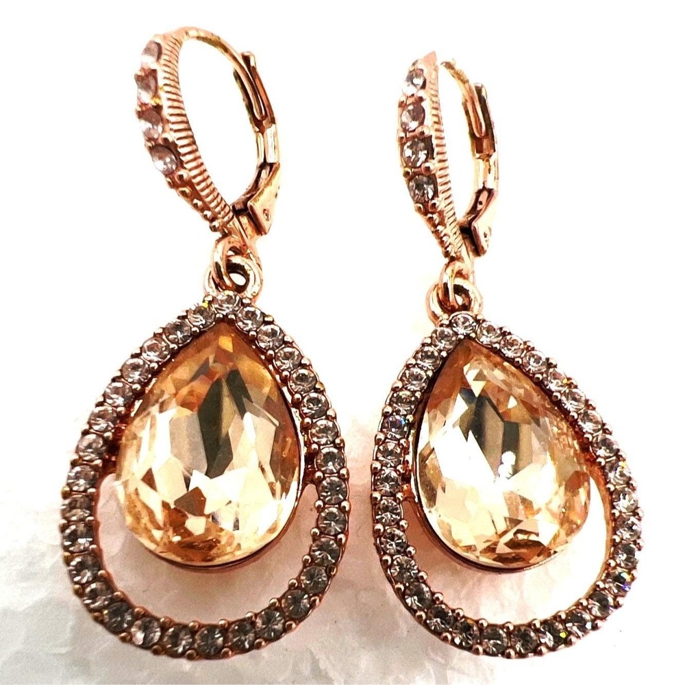Givenchy Crystal Drop Earrings Clear Pave Halo Rose Gold Tone Articulated 1.5"